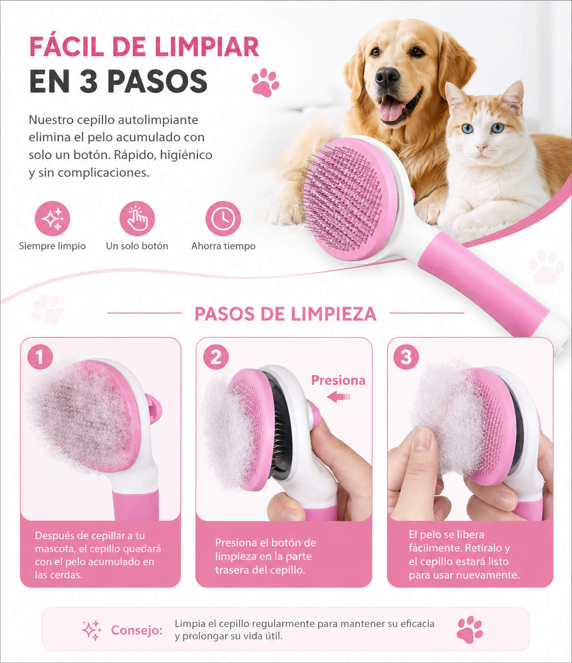Cepillo Quita Nudos Autolimpiable Mascotas