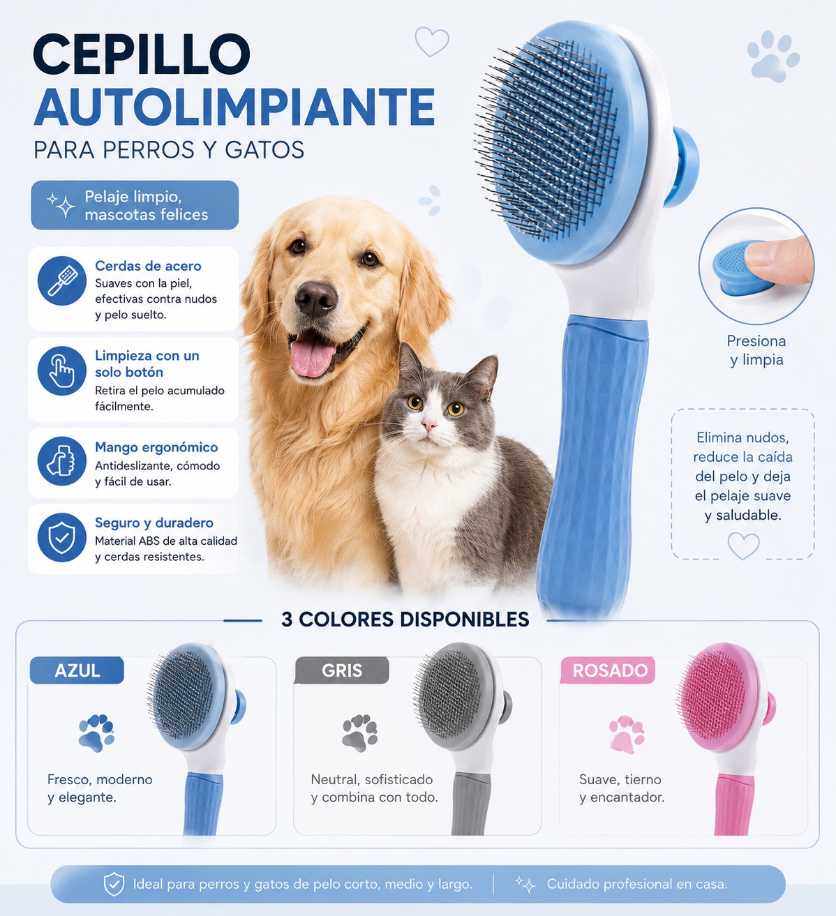 Cepillo Quita Nudos Autolimpiable Mascotas
